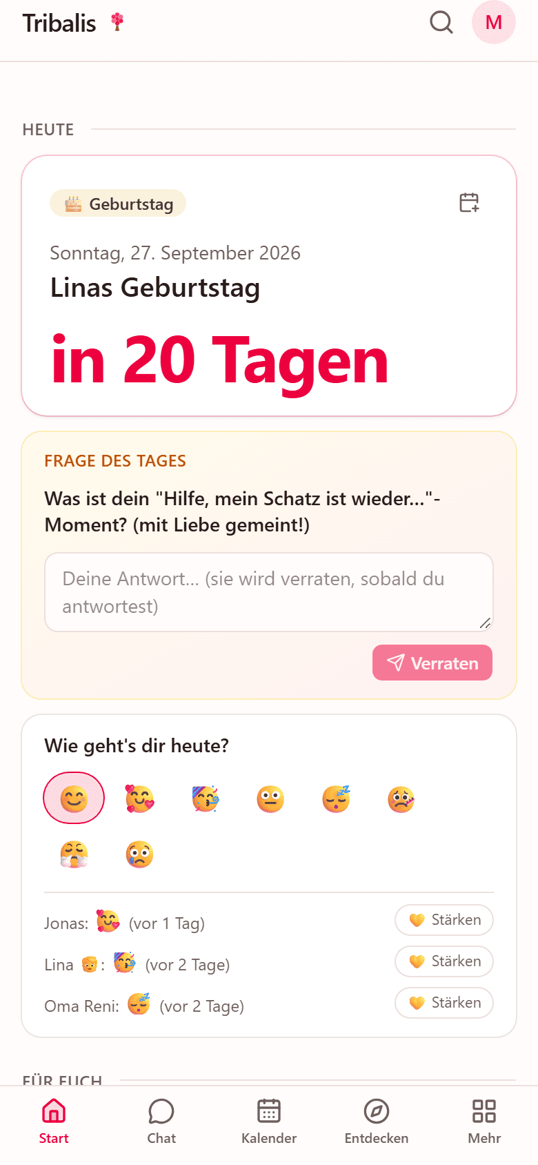 Die Startseite von Tribalis mit Countdown, nächsten Terminen und Aufgaben